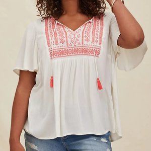 TORRID WHITE GAUZE CORAL EMBROIDERY TOP 1X